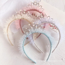 Pearl Yarn Crown Headband Luxury Hair Accessories Korean Handmade Birthday Princess Hairband Sweet Gift Party for Women Girls